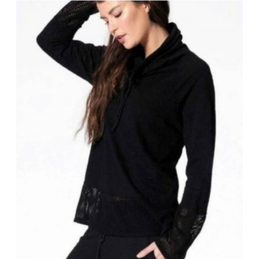 NUX Active Cowl Neck Mesh Netting Pullover Athleisure Sweatershirt Top Black